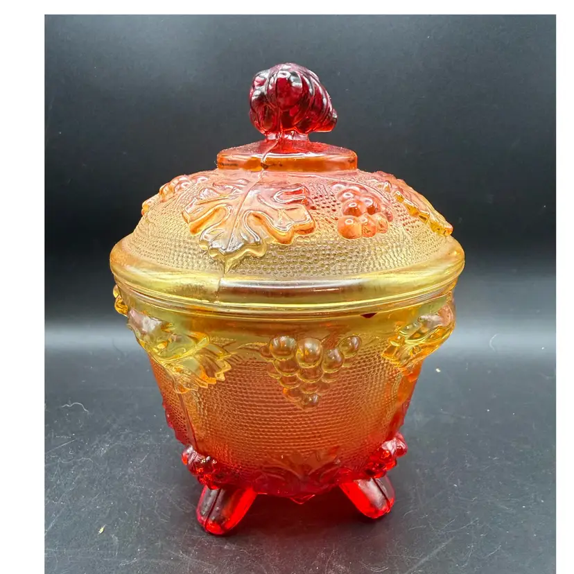 Jeannette Glass Company Amberina Grape Pattern Lidded Candy Dish
