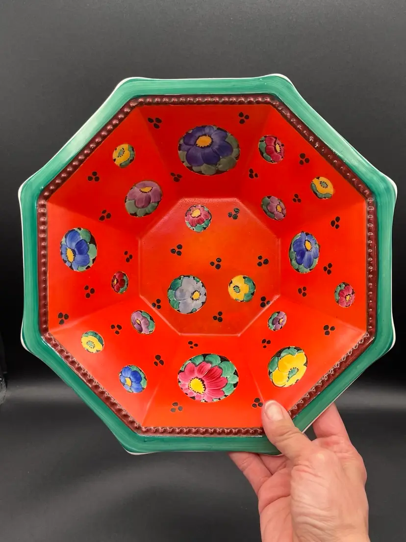 #25 Gorgeous Czechoslovakian Hand painted Porcelain  Octagonal Bright Orange Multicolor Floral Bowl 11”