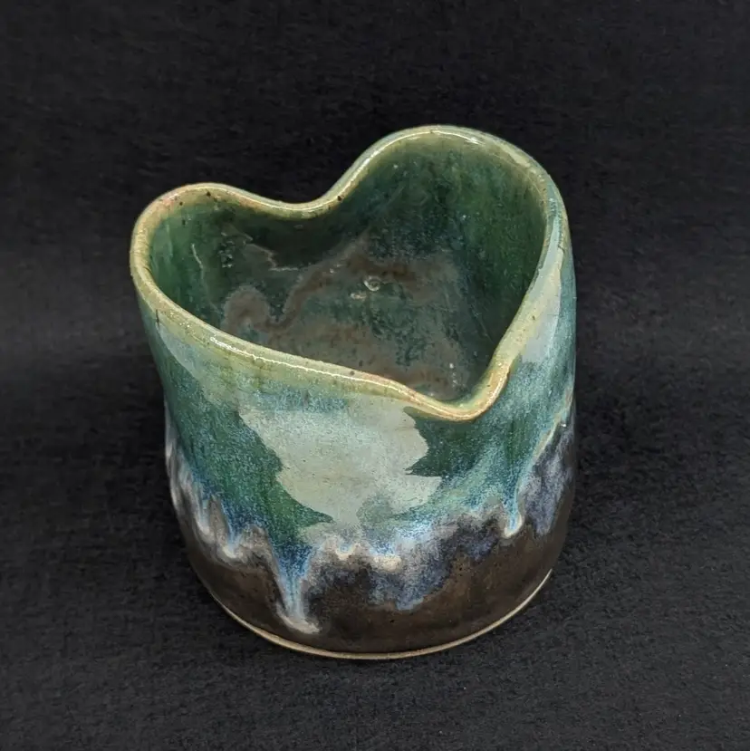 Vintage Studio Pottery Batter Bowl Heart Shaped Creamer Signed Green Drip Glaze