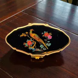 Stratton Lipstick Holder w Mirror Pheasant and Flowers Made in England Gold Tone