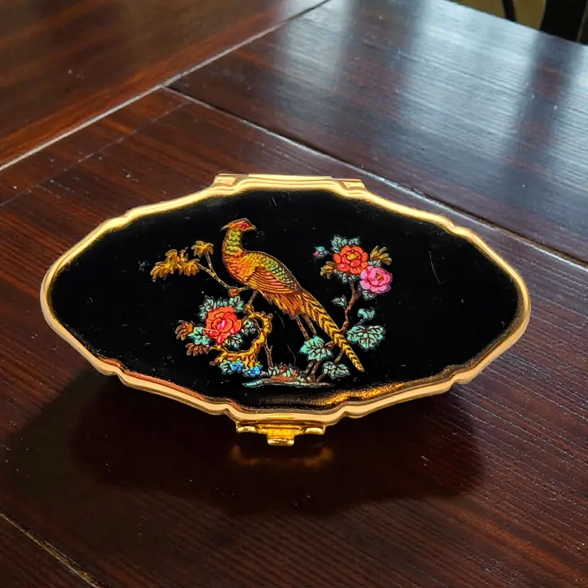 Stratton Lipstick Holder w Mirror Pheasant and Flowers Made in England Gold Tone