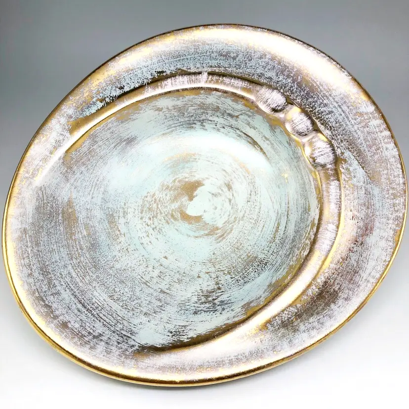 Stangl Pottery "Safety Ashtray" #3977-M, Brushed Blue & Gold Ceramic, Vintage 1950s, Made in USA