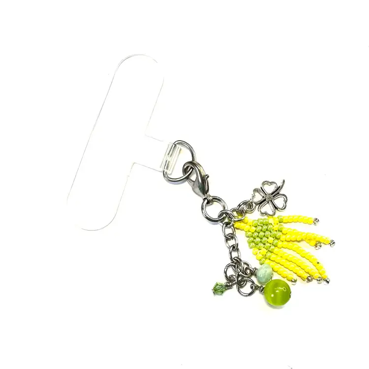 Lucky Clover Light Green Yellow Beaded Phone Charm Repurposed Jewelry Made By Me 2.5”