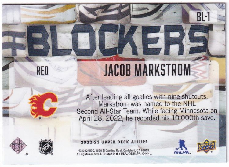 2022-23 Upper Deck Allure Blockers Red #BL1 Jacob Markstrom Calgary Flames Hockey Card