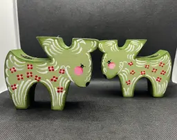 Scandinavian folk art hand painted green wooden reindeer Christmas candle holders