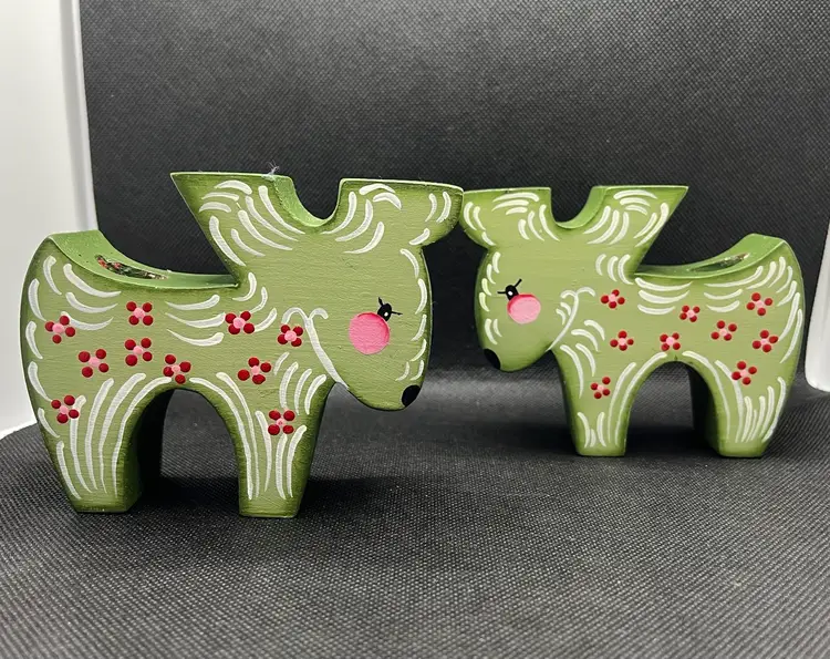 Scandinavian folk art hand painted green wooden reindeer Christmas candle holders