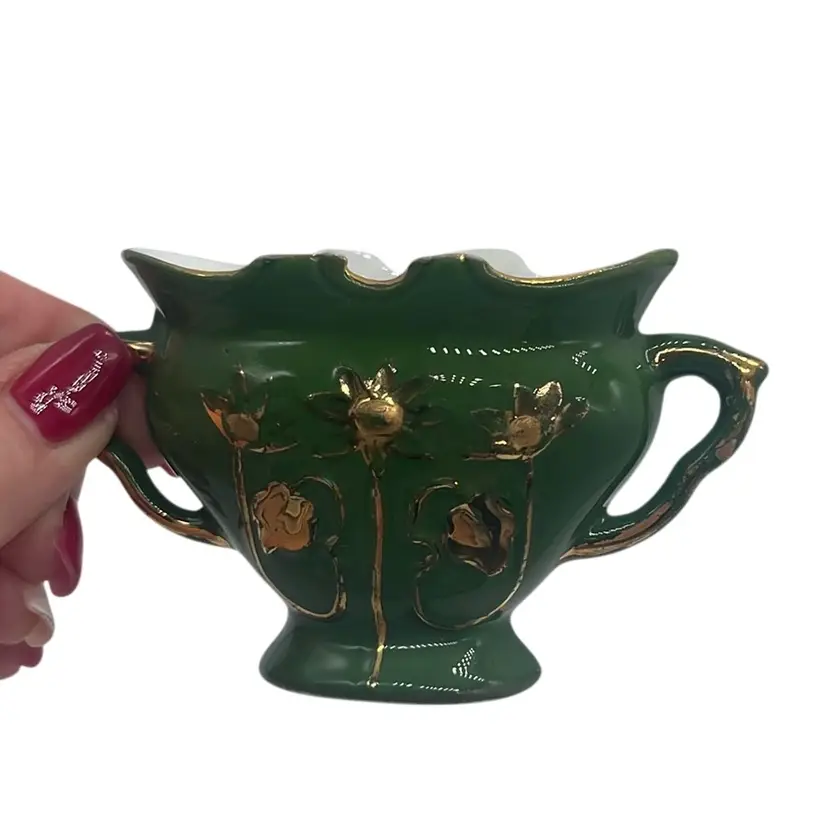 Miniature Porcelain Double Handle Pot Green Vase Gold Flowers | 2” (*read)