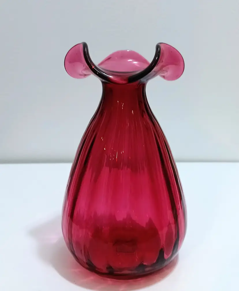 Vintage Cranberry Glass Ruffled Vase