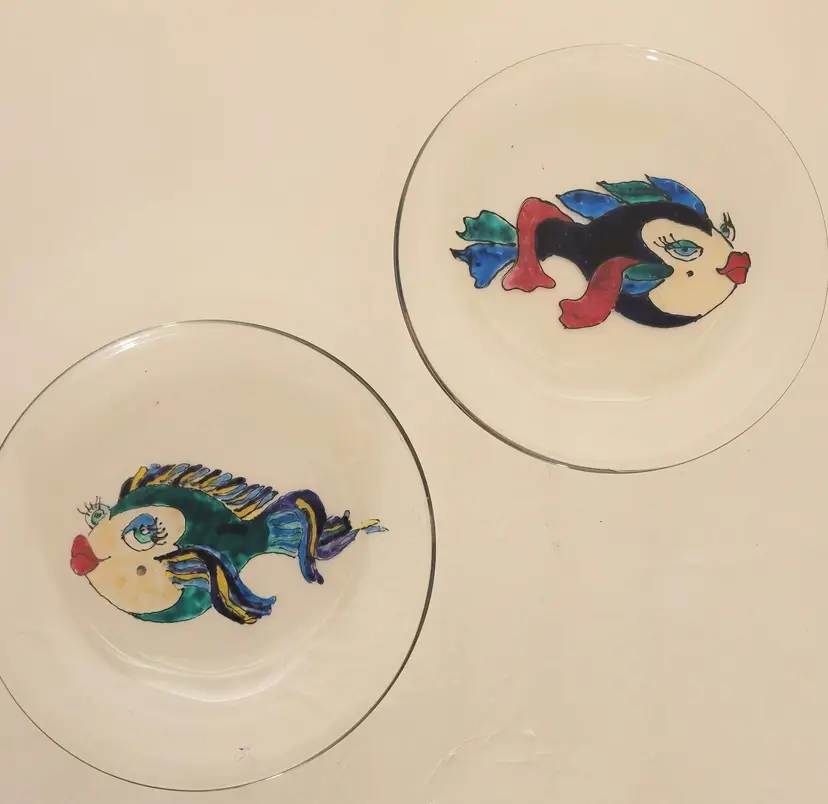 Handmade Glass Tropical Whimsical Fish Plate Nautical Hand Painted Coastal Art