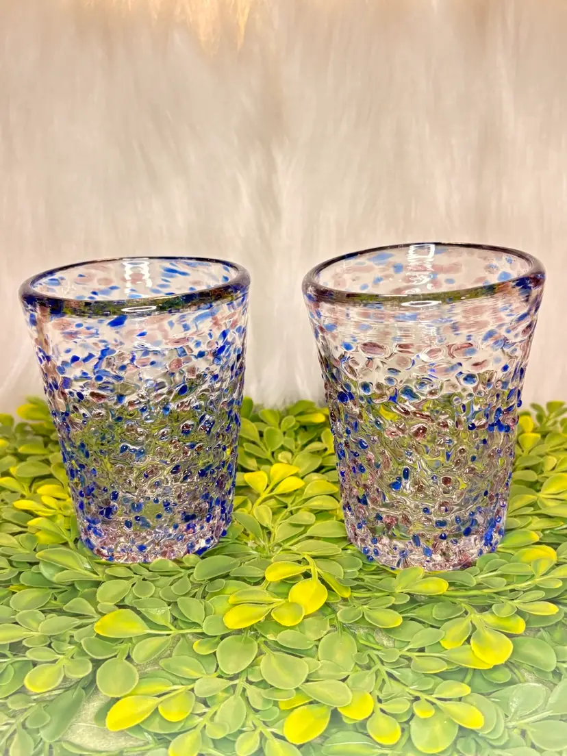 Handblown Artisan Recycled Glass Tumblers - Blue/Purple Confetti - Set Of 2