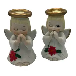Bisque Porcelain Poinsettia Angel Bells - Set Of 2 - 4” Tall x 2.5” Wide