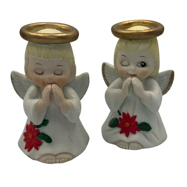 Bisque Porcelain Poinsettia Angel Bells - Set Of 2 - 4” Tall x 2.5” Wide