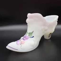 Fenton Cabbage Rose White Satin Glass Slipper With Hand-painted Grape Design Signed