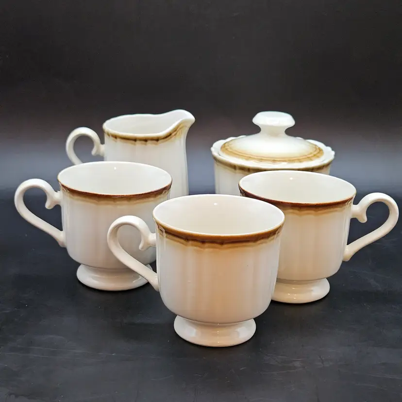 Mikasa Manor House KG000 Stoneware Sugar Creamer Set 3 Cups Vintage Beige Brown
