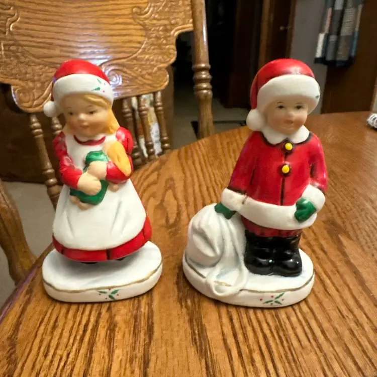 Vintage Enesco Figure 5" Boy &  Girl Dressed as Santa with Bag @ Doll