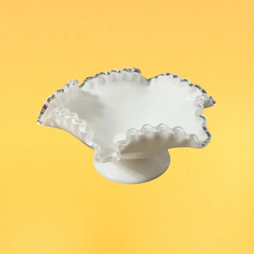 Vintage Fenton Double Crimped Silver Crest White Milk Glass Bowl