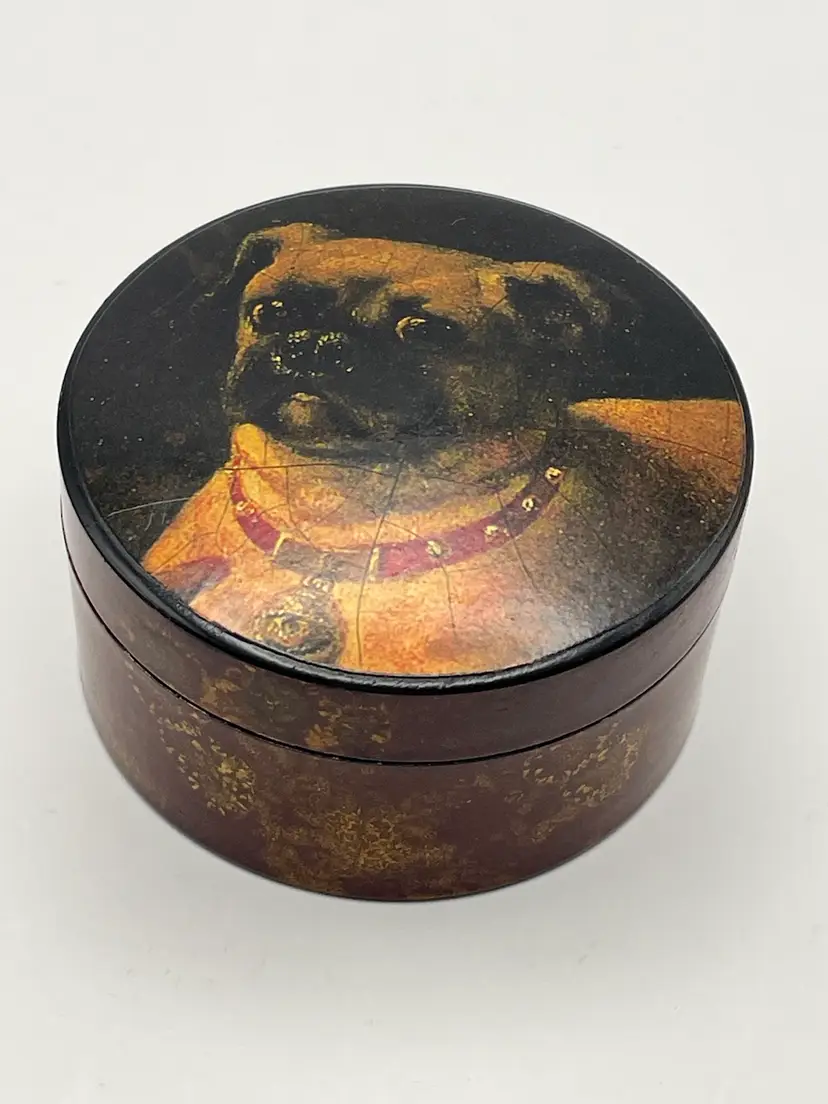 Pug Dog, Black Laquer, Small Trinket Box with Lid. Approximately 3” in diameter.