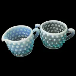 Fenton Blue Opaline Hobnail Mini Open Cream And Sugar Set 1950-1960