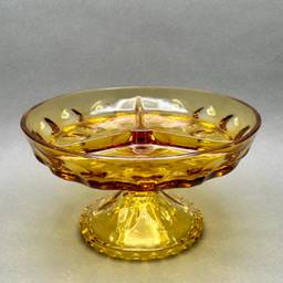 Vintage Amber Glass 3 Part Divided Pedestal Serving Dish With Thumbprint Detail c. 1960’s