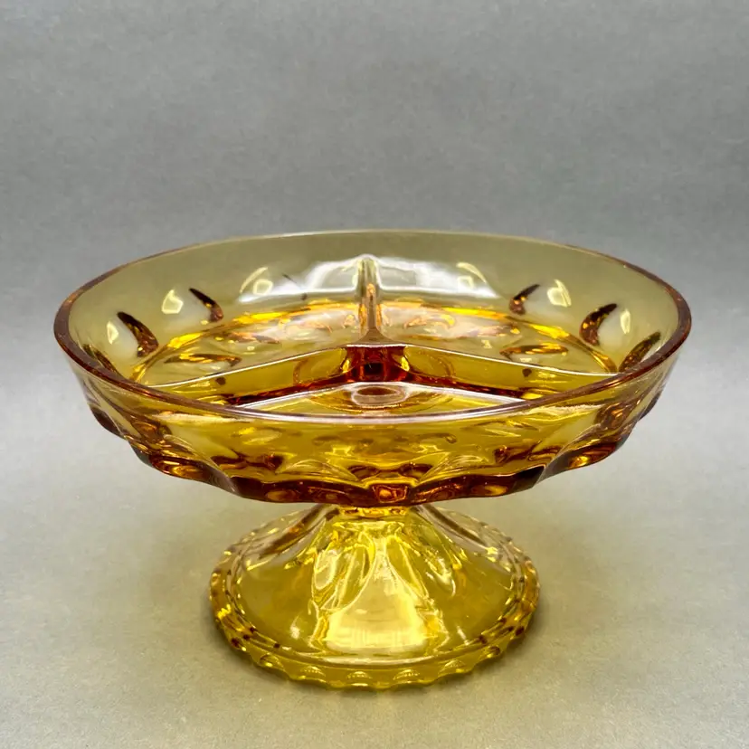 Vintage Amber Glass 3 Part Divided Pedestal Serving Dish With Thumbprint Detail c. 1960’s