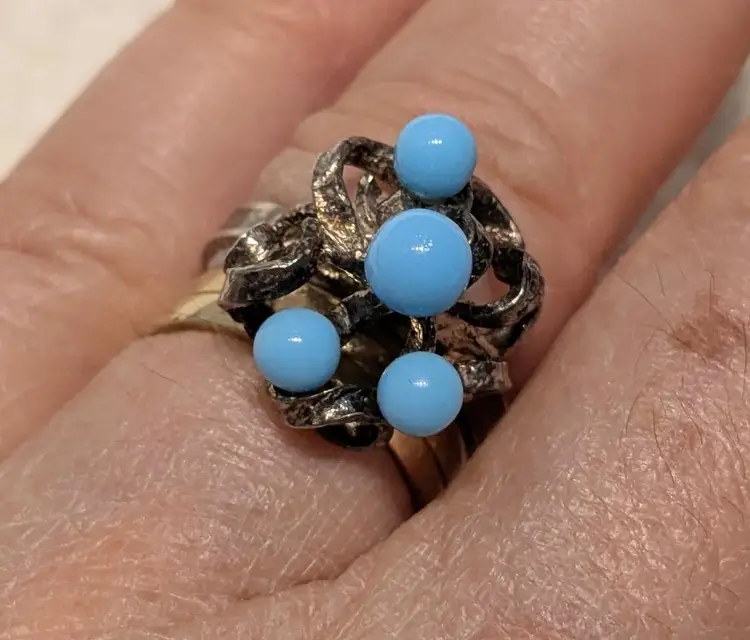 Vintage Signed Abstract Sterling Silver Ring with Sky Blue Stones, Size 6.5