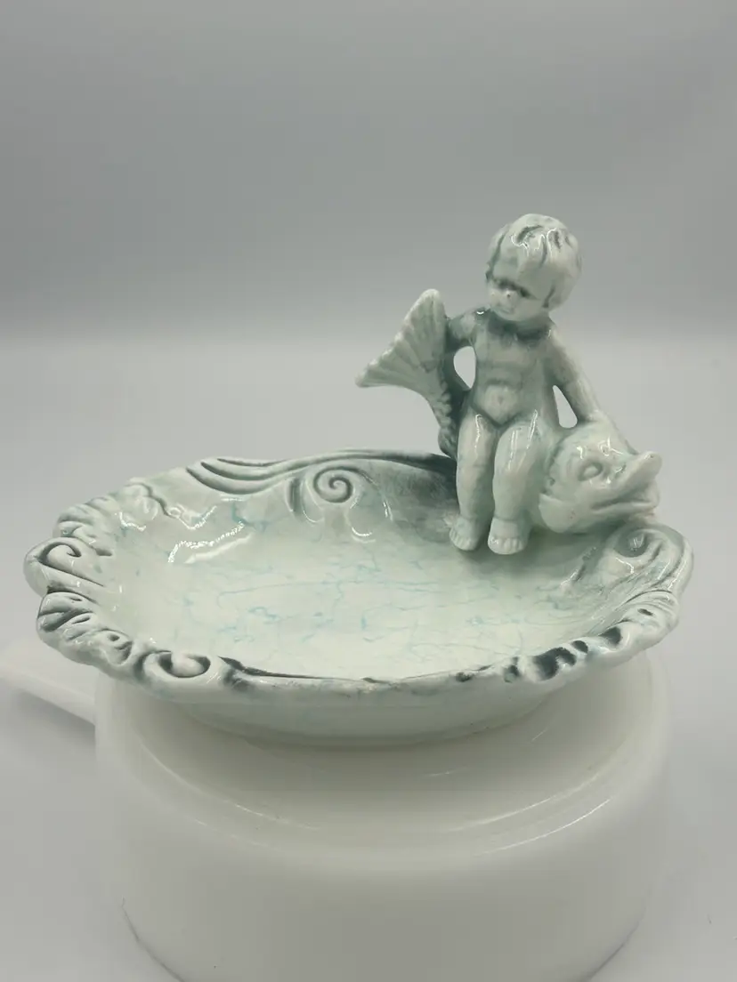 Vintage Enesco Nautical Cherub Boy On Koi Fish Soap Or Trinket Dish