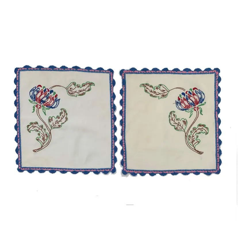 Embroidered Floral Napkin Doilies Centerpiece Crochet Lace Cottage Core 11x12 Vintage Granny