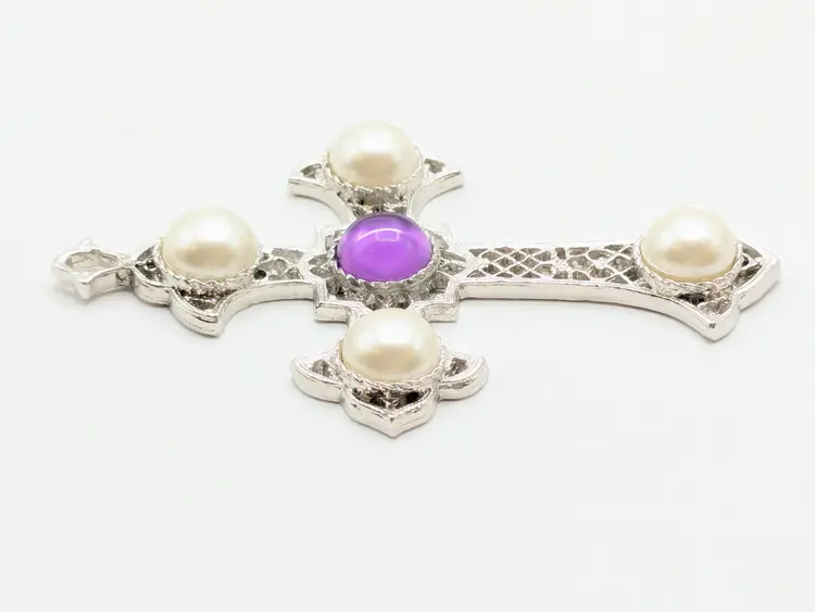 Vintage Sarah Coventry Cross Pendant Purple Cabochon with Faux Pearls 1970's