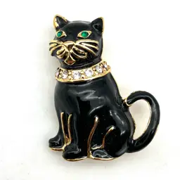 02 - Vintage Monet Enamel Black Cat Brooch With Green Rhinestone Eyes 1.25”