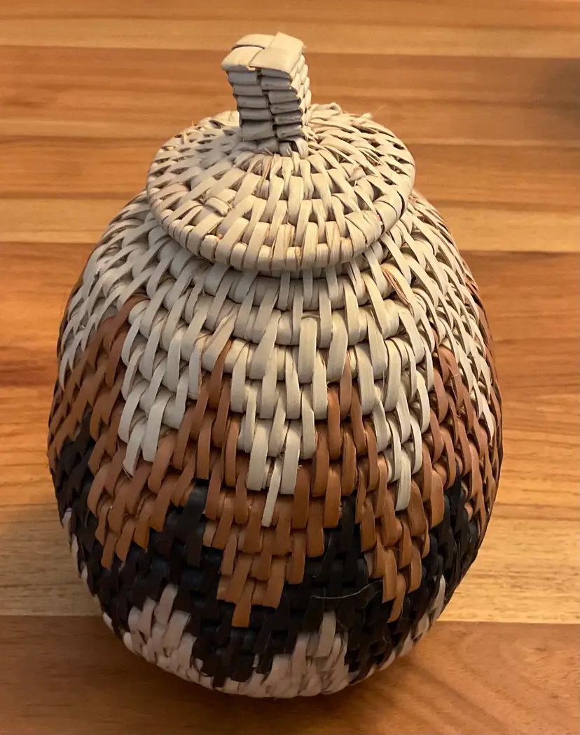 Great fall basket in cream, brown, and black; 6” tall and 4” round