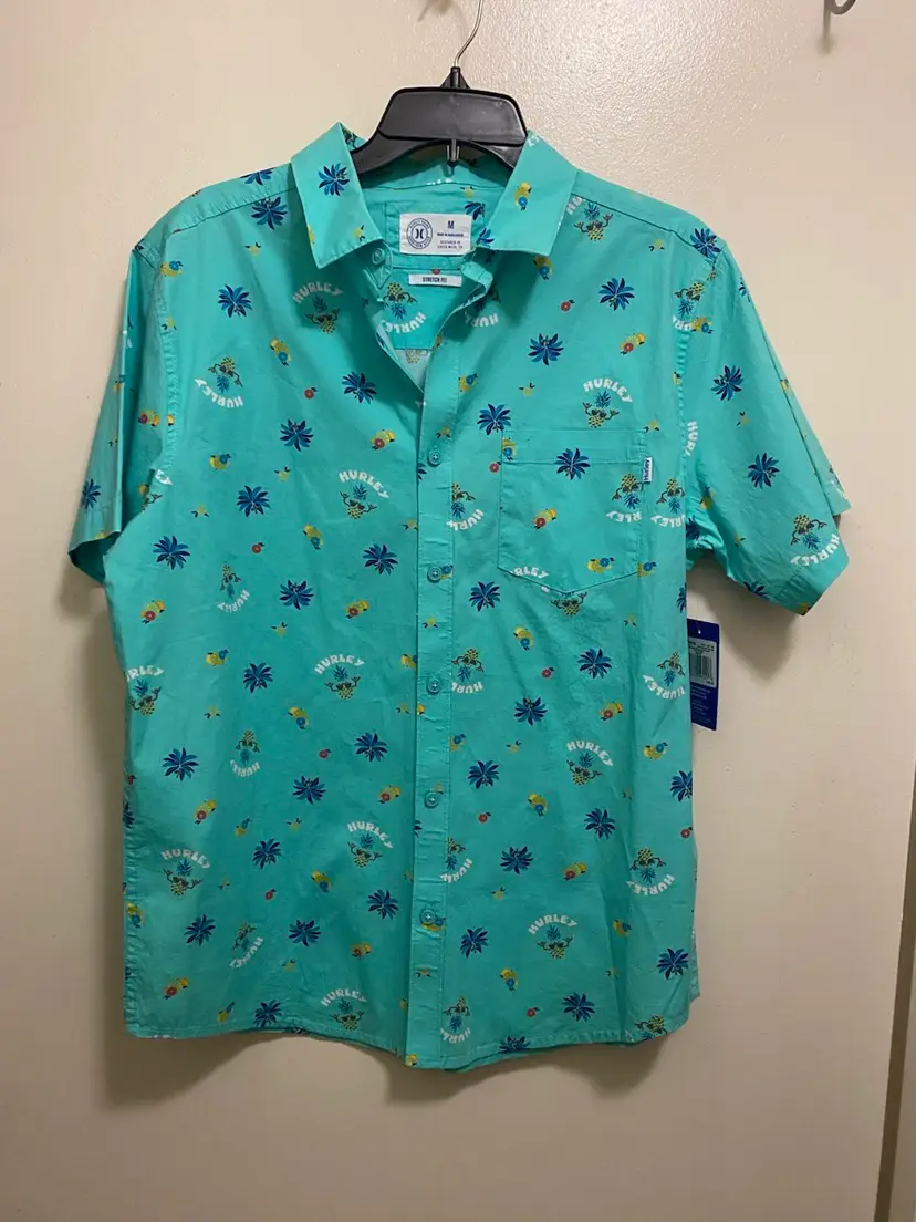 Hurley Mens Button Up Shirt M 44 Aqua Blue Palm Hawaiian Pineapples Tropical NWT