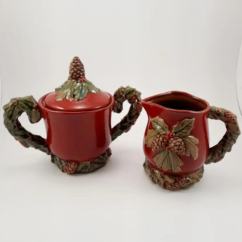 Christmas Pottery Pinecone Cream & Sugar Set Red Green
