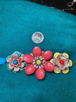 This Bold, Sassy And Stylish Bracelet ( Because You Know That The Bulky Pieces Are BACK) Is A Work Of Art. Pastels To Bolder Colors, 10 Inch Total With A Filigree Backing. No Doubt, It Could Be Worn Either Way!