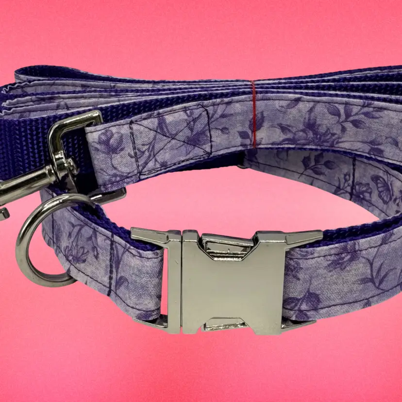 Dog Collar & Leash Purple Butterfly & Flower Print Large Handmade Heavy Duty Metal Buckle NEW