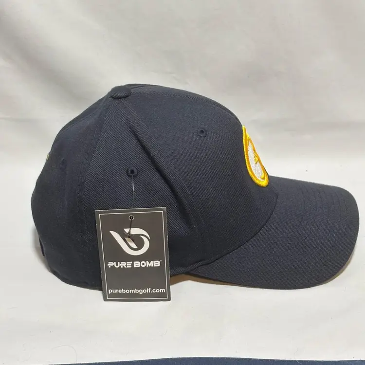 Pure Bomb Golf Hat Flexfit 110 Navy Blue Adjustable Snapback Cap Yellow Logo NWT