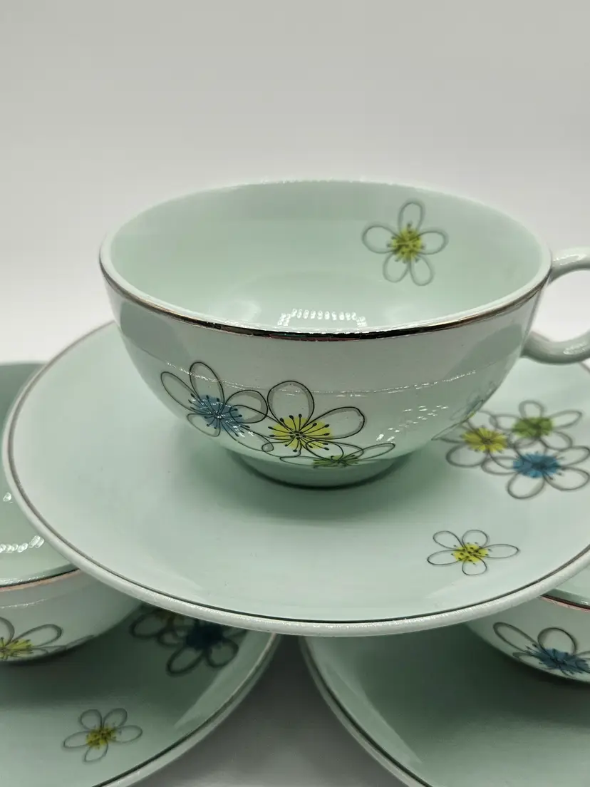 3 Nobility Permaware Vintage Mint Green Floral Tea Cup & Saucers