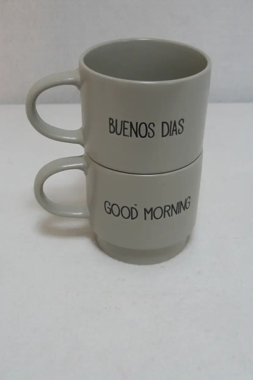 MKRT Market Finds Gray Stackable Good Morning Buenos Dias Coffee Mug Cups Set-2