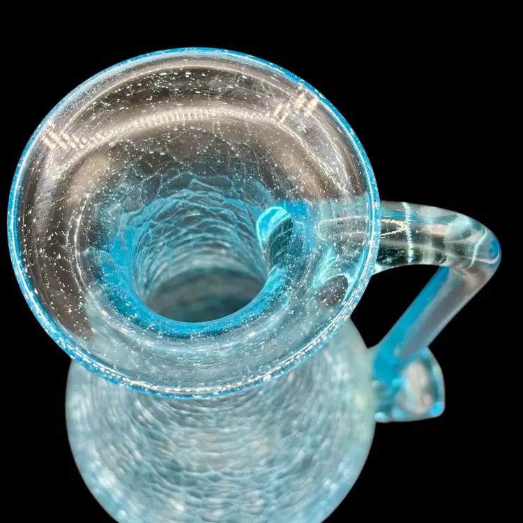 Light Blue Hand Blown Crackle Glass with Applied Handle 7” UV GLOW