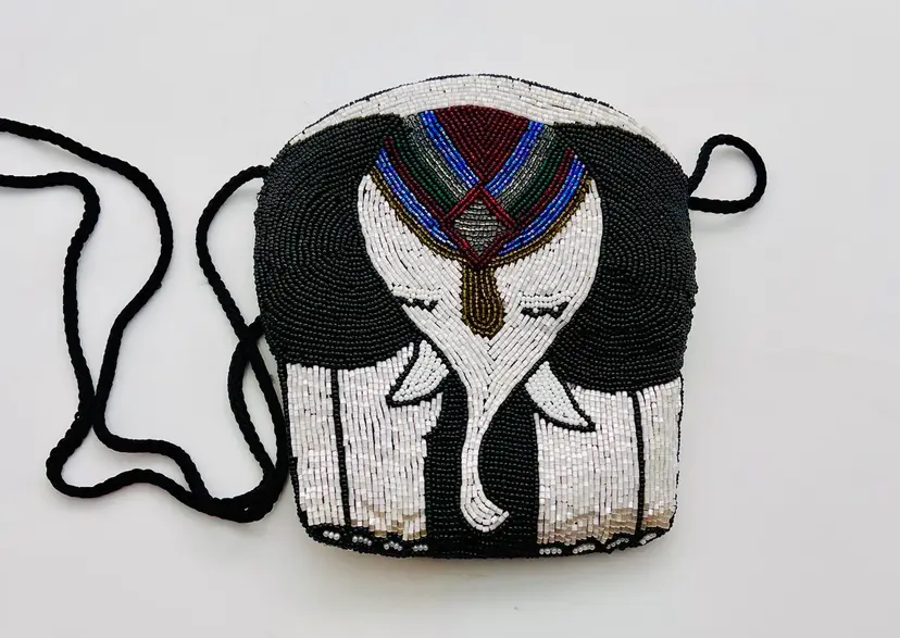 Whimsical Beaded Elephant Purse 7 X6” Zipper Closure