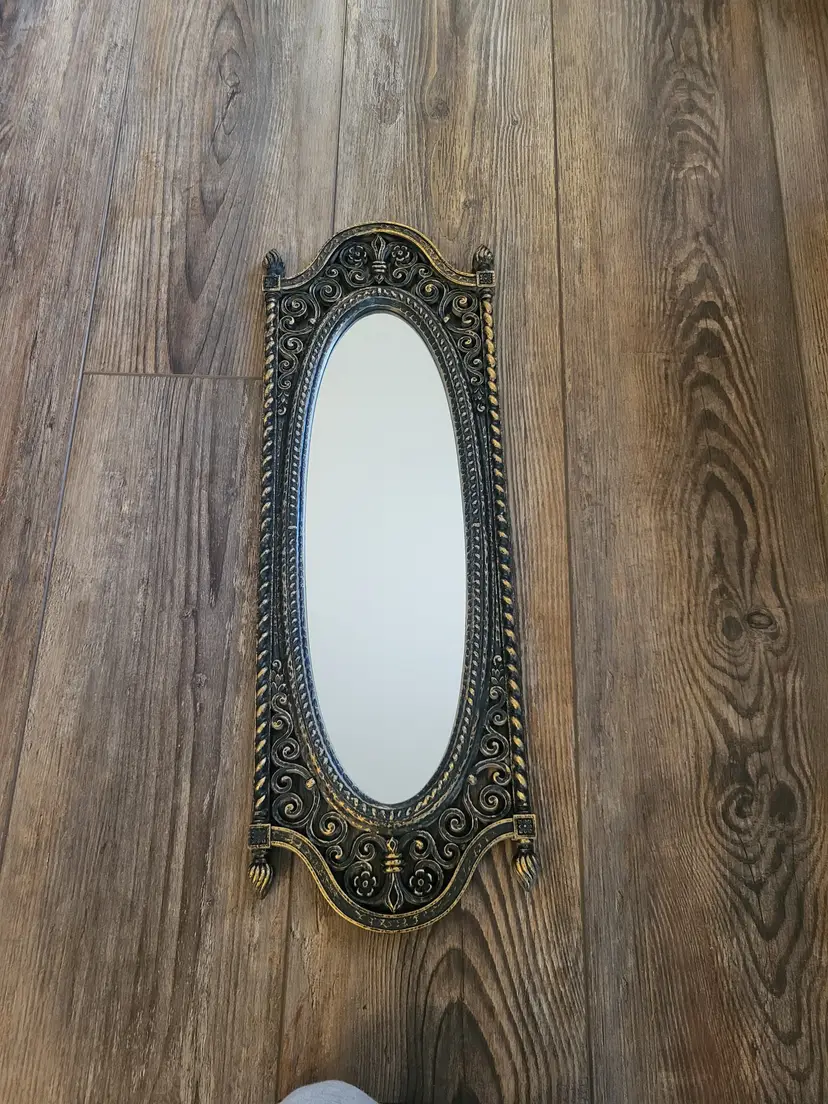 Homco Black Gold Mirror Long Skinny Ornate Carved French Molded Resin Hollywood