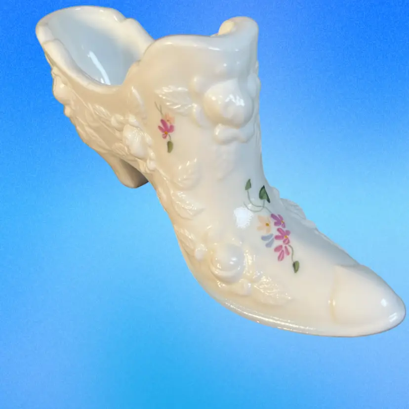 Fenton Milk Glass Slipper w/ Raised Cabbage Rose Design & Hand Painted Floral Pattern-Signed