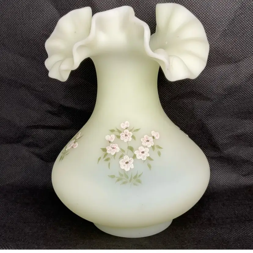002 Fenton Satin Custard Ruffled Hand Painted Vase