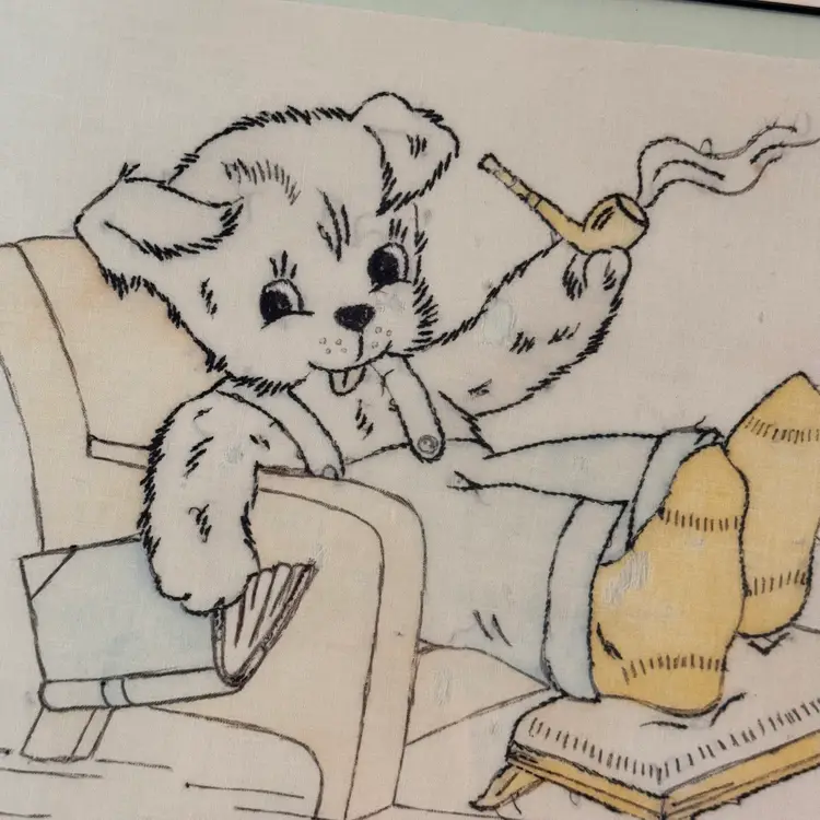 Vintage Framed Embroidery And Drawn Anthropomorphic Dog Wall Art