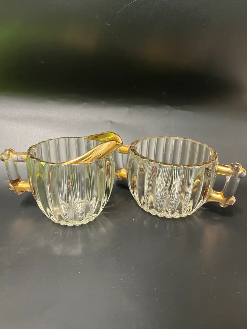 Vintage Jeanette Glass National Pattern Creamer and Sugar,  1940s, Gold Trim, Ribbed Body, Hobnail Bottom-