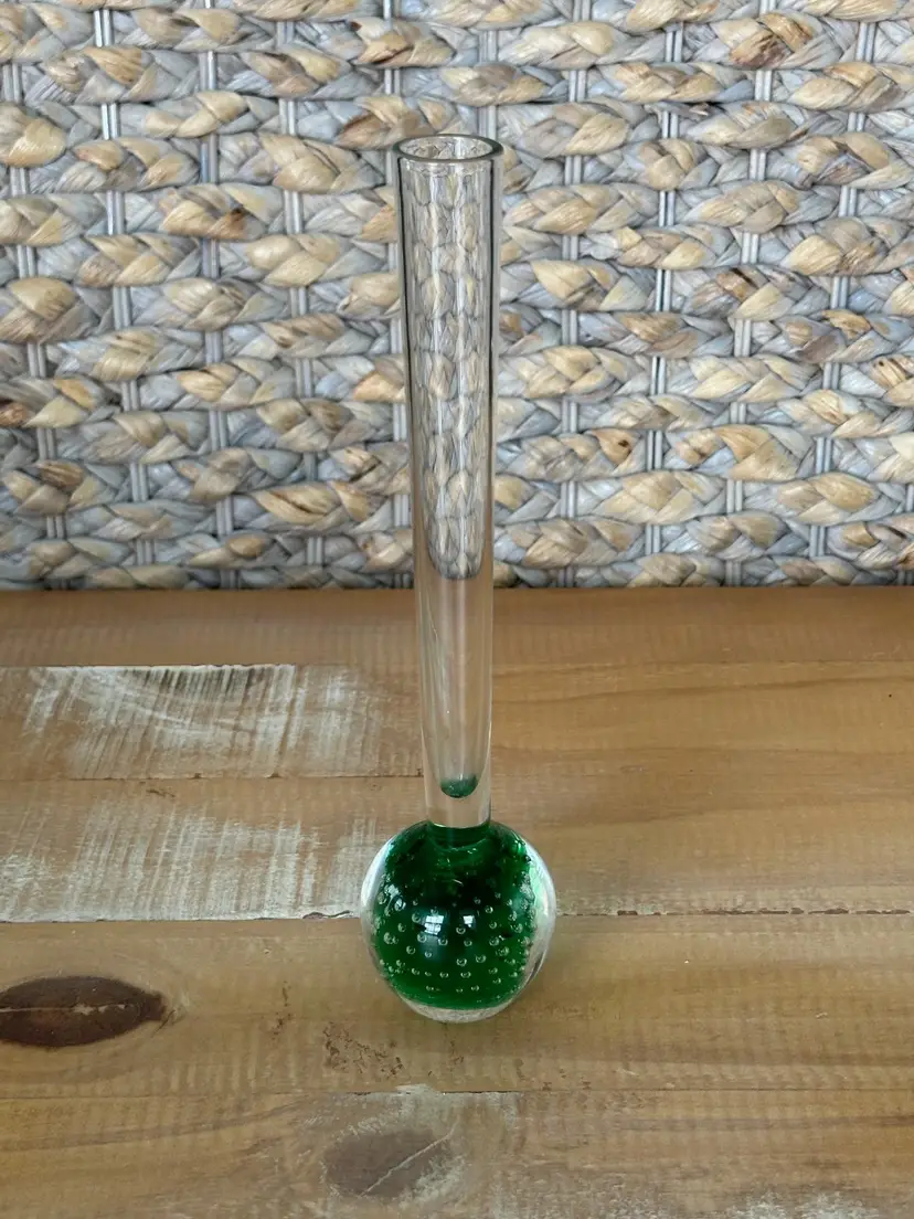 Green Glass Bullicante Bubble Base Bud Vase 8”