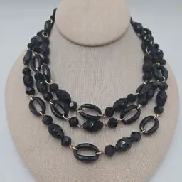Vintage Western Germany Three Strands Black Acrylic Faceted Beaded Necklace