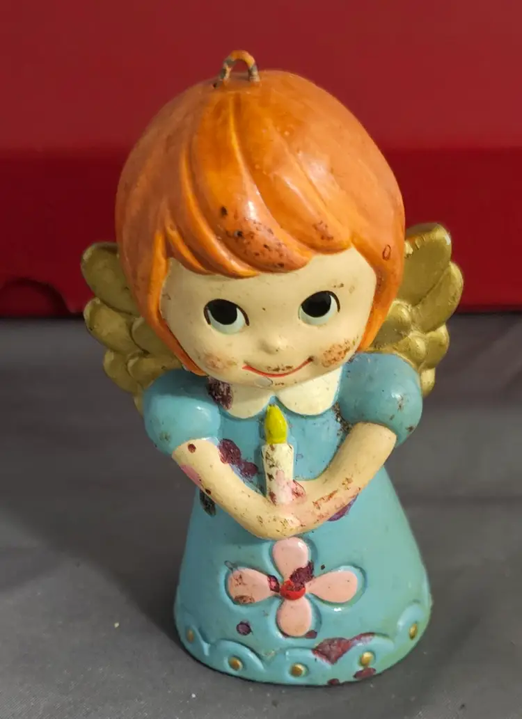 Vintage Chalkware Christmas Angel Blue Dress Ornament Wolin Japan