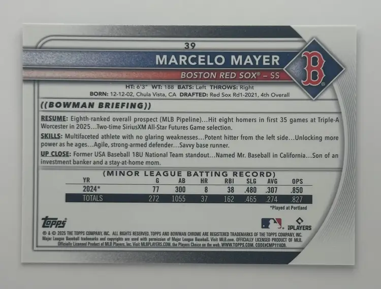 Marcelo Mayer Bowman Chrome M/B Mojo Rookie Card Red Sox