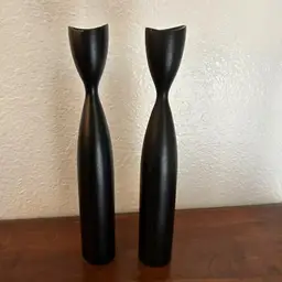 Set/2 Danish Modern Black 11.5" Turned Teak MCM Candle Sticks | Holders Denmark