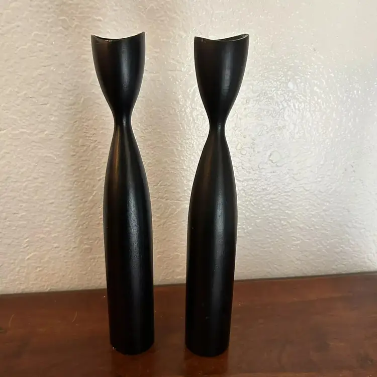 Set/2 Danish Modern Black 11.5" Turned Teak MCM Candle Sticks | Holders Denmark